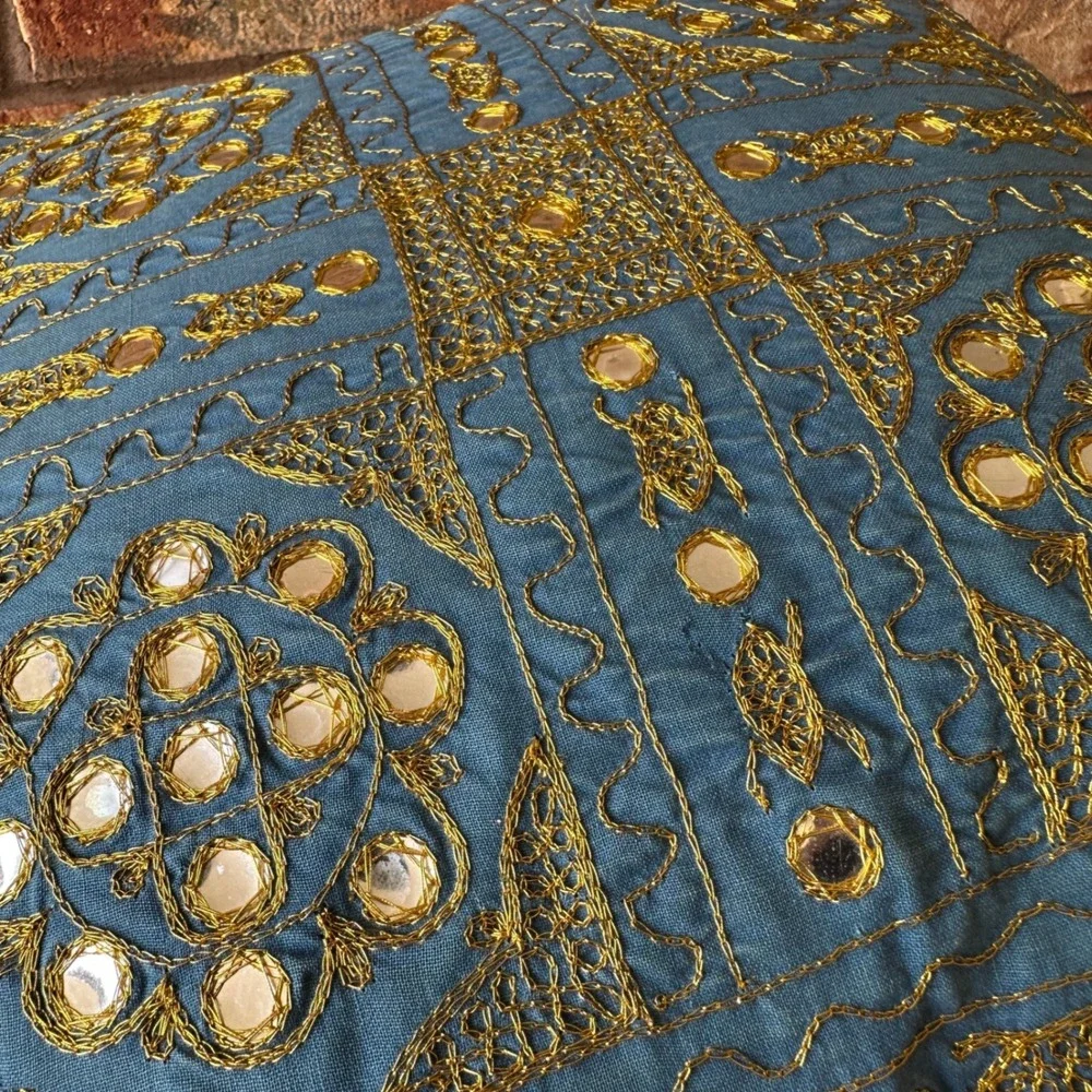 Bohemian‎ Blue Gold Embroidered Shisha Mirror Square Throw Pillow 15x15